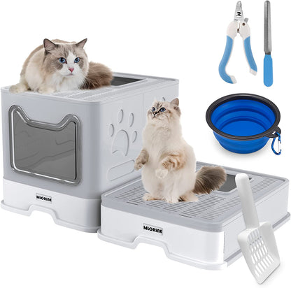 Foldable Portable Travel Extra Large Covered Cat Litter Box with Lid Top Entry Enclosed Anti-Splashing Easy to Clean Kitty Litter Box (Gray)
